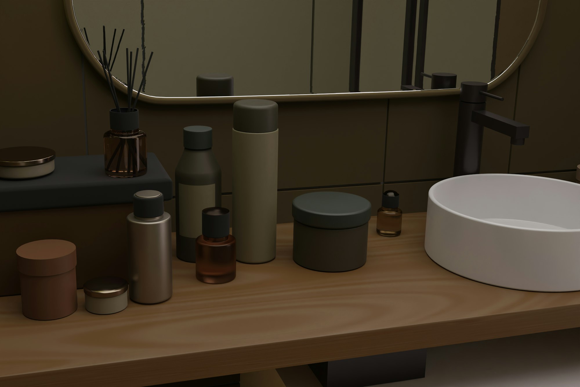 Baño oscuro con mueble de madera, lavabo y espejo iluminado