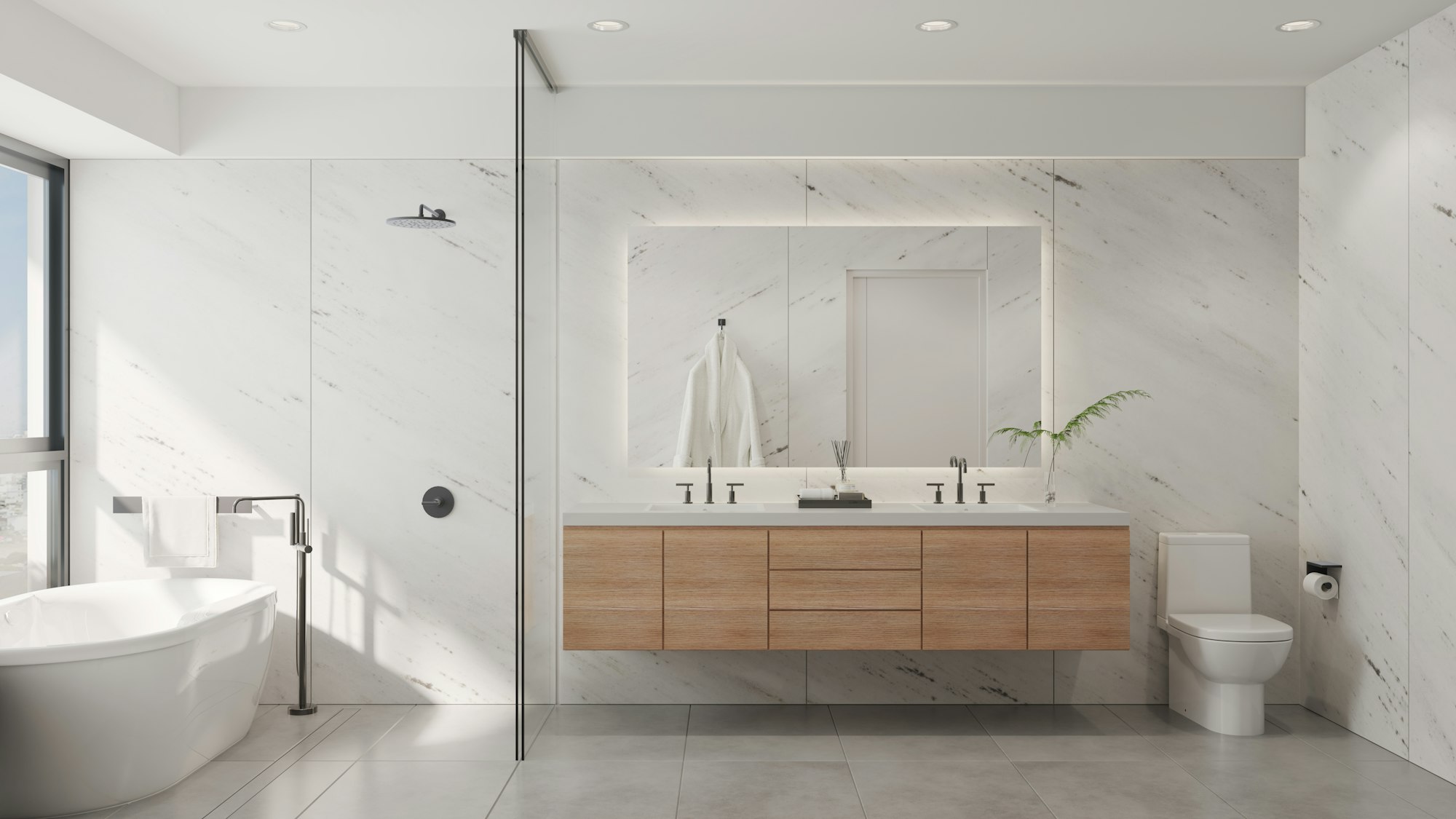Baño blanco con bañera, lavabo doble y espejo